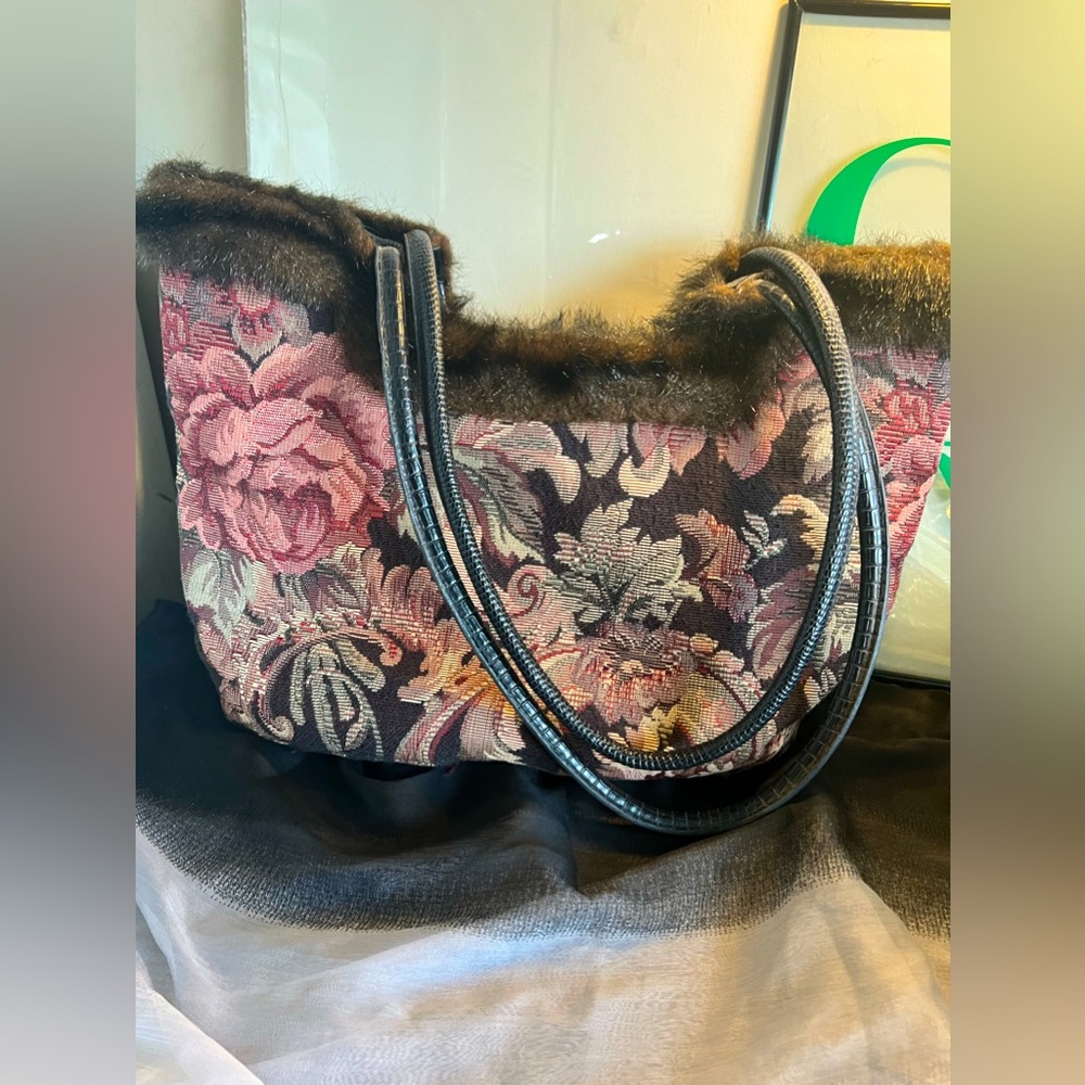 Vintage Tapestry Handbag with faux leather straps